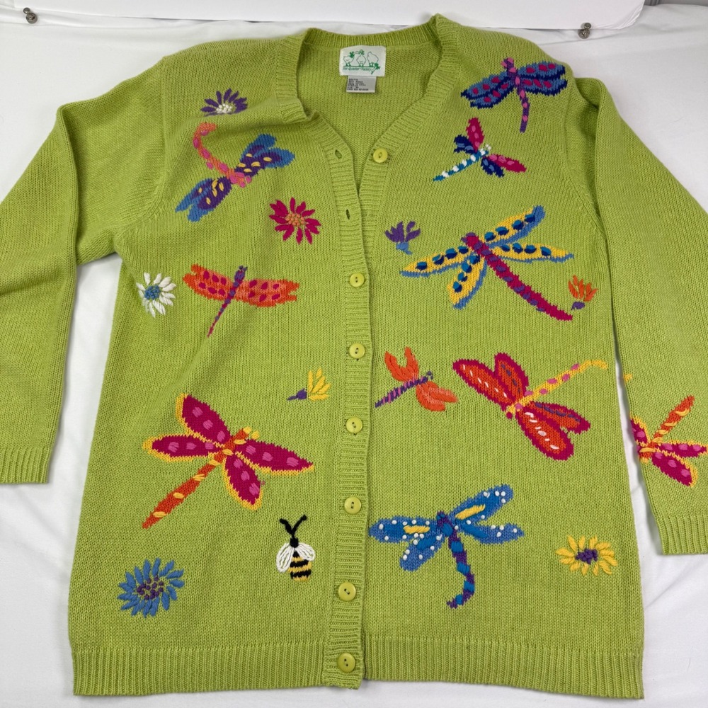 Quacker Factory Lime Green Dragonfly Embroidered Cardigan Sweater womens Medium